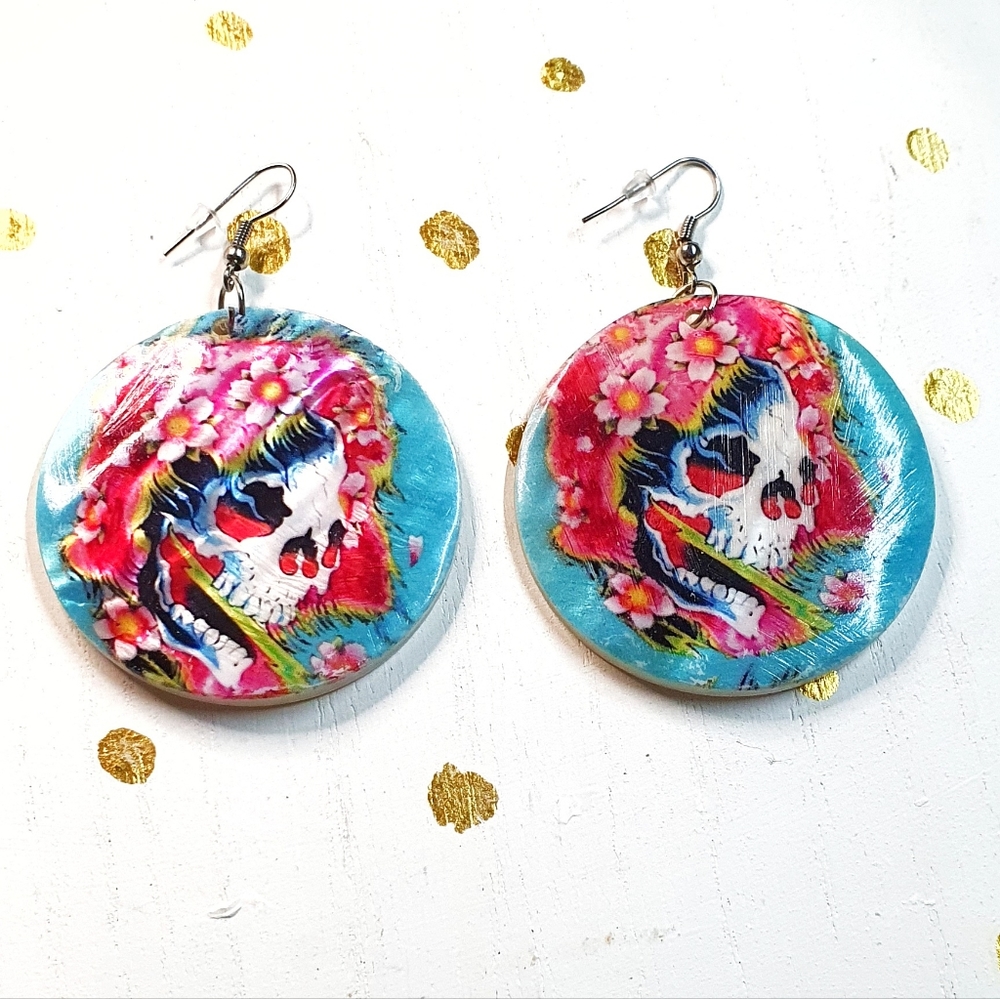Painted Shell Floral Skull Earings